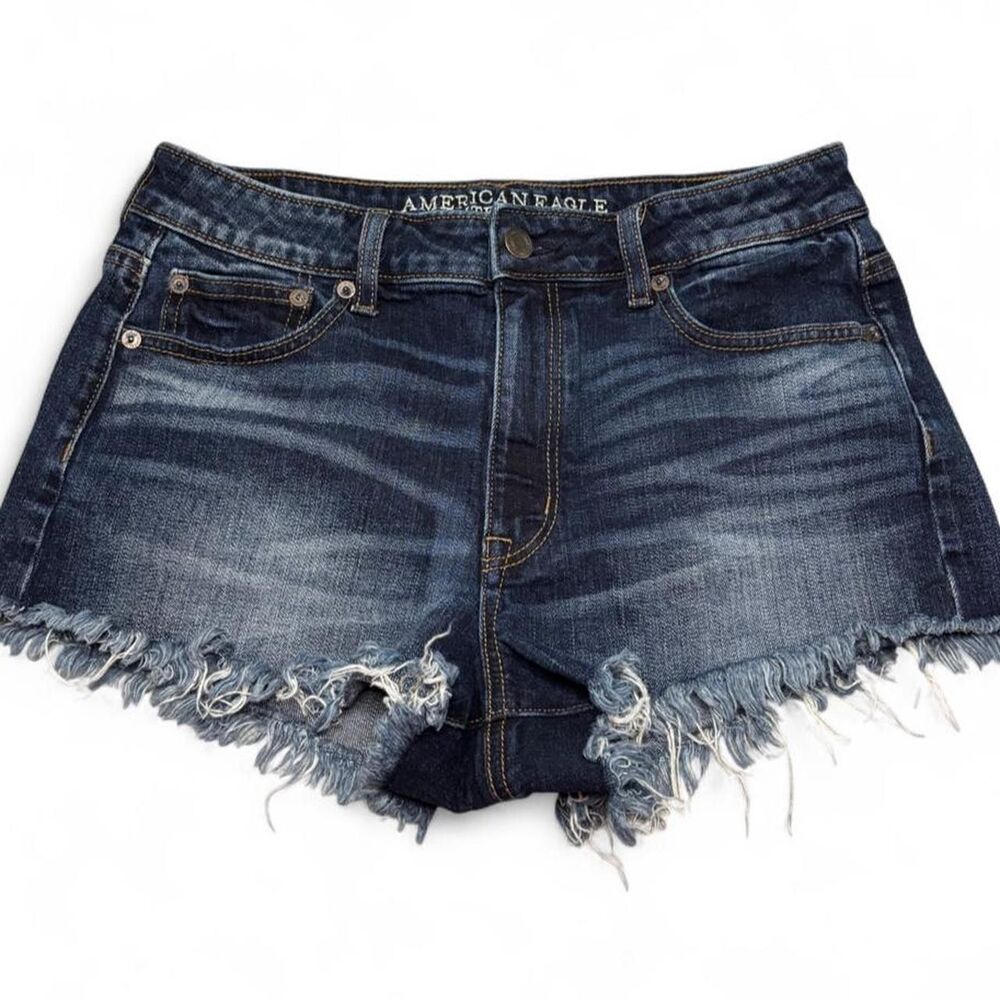 American Eagle Vintage Hi-Rise Festival Denim Shorts Dark Wash Distressed 8